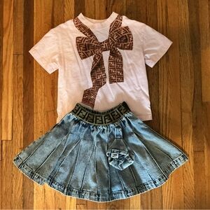 Fendi White Tee with Brown Bow and Denim Skirt